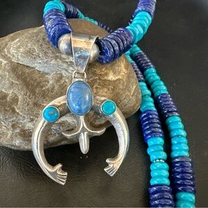 Sterling Silver Blue Turquoise Lapis Naja Pendant Necklace 24” 19545